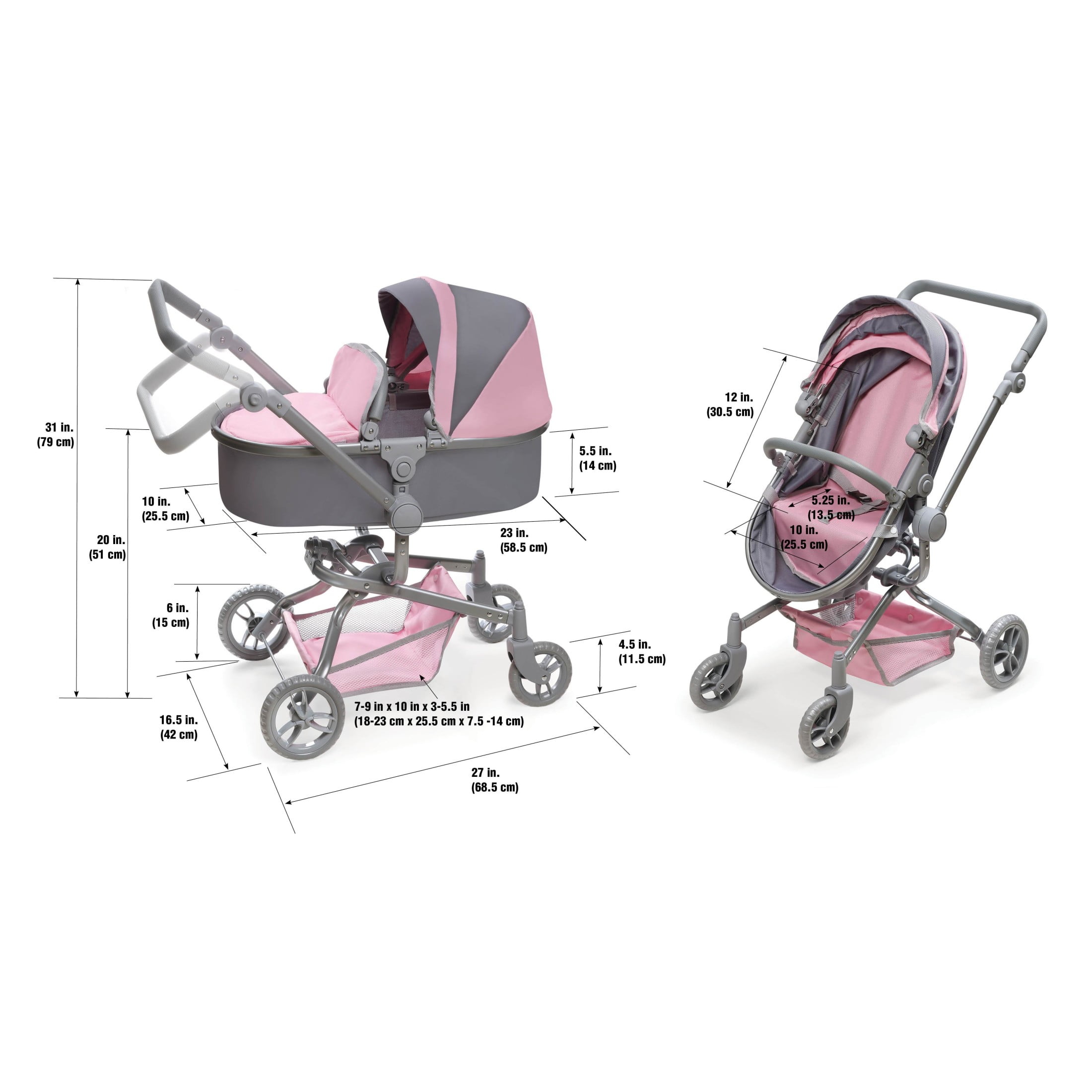 Daydream Multi-Function Single Doll Pram & Stroller - Gray/Pink