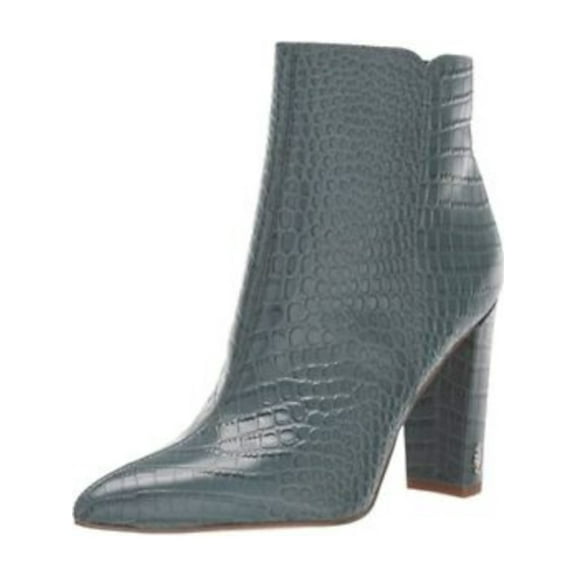 SAM EDELMAN Womens Gray Reptile Embossed Logo Hardware Padded Raelle Pointed Toe Block Heel Zip-Up Leather Booties 7.5 M