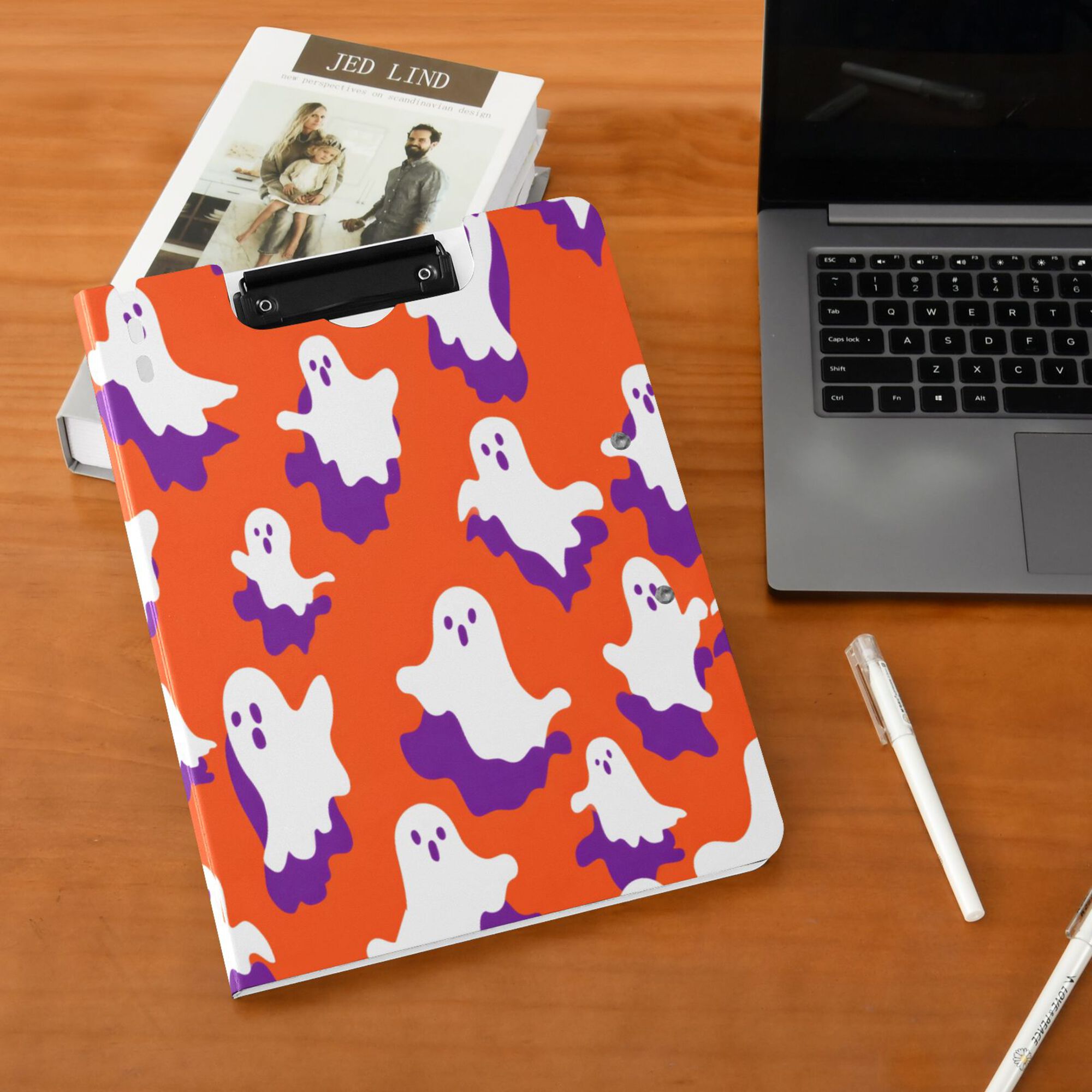 FORMRS A4 Clipboard Folder with Pen Holder Horizontal Foldable School Office Binder, Orange Ghost Pattern