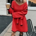 thumbnail image 6 of SMihono Straight Sweater Dress for Women Fall Winter 2025 Outfit Contrast Trim Jumper Knit Oversized Sweater with Belt Red Free Size, 6 of 9