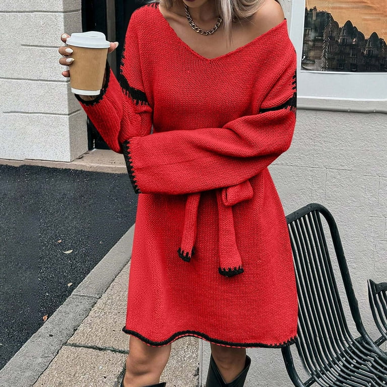 AUNVITO Women's Loose Fit V-Neck Long Sleeve Knitted Midi Dress With Tie Waist Casual Boho Autumn Style AUNVITO Women's Loose Fit V-Neck Long Sleeve Knitted Midi Dress With Tie Waist Casual Boho Autumn Style