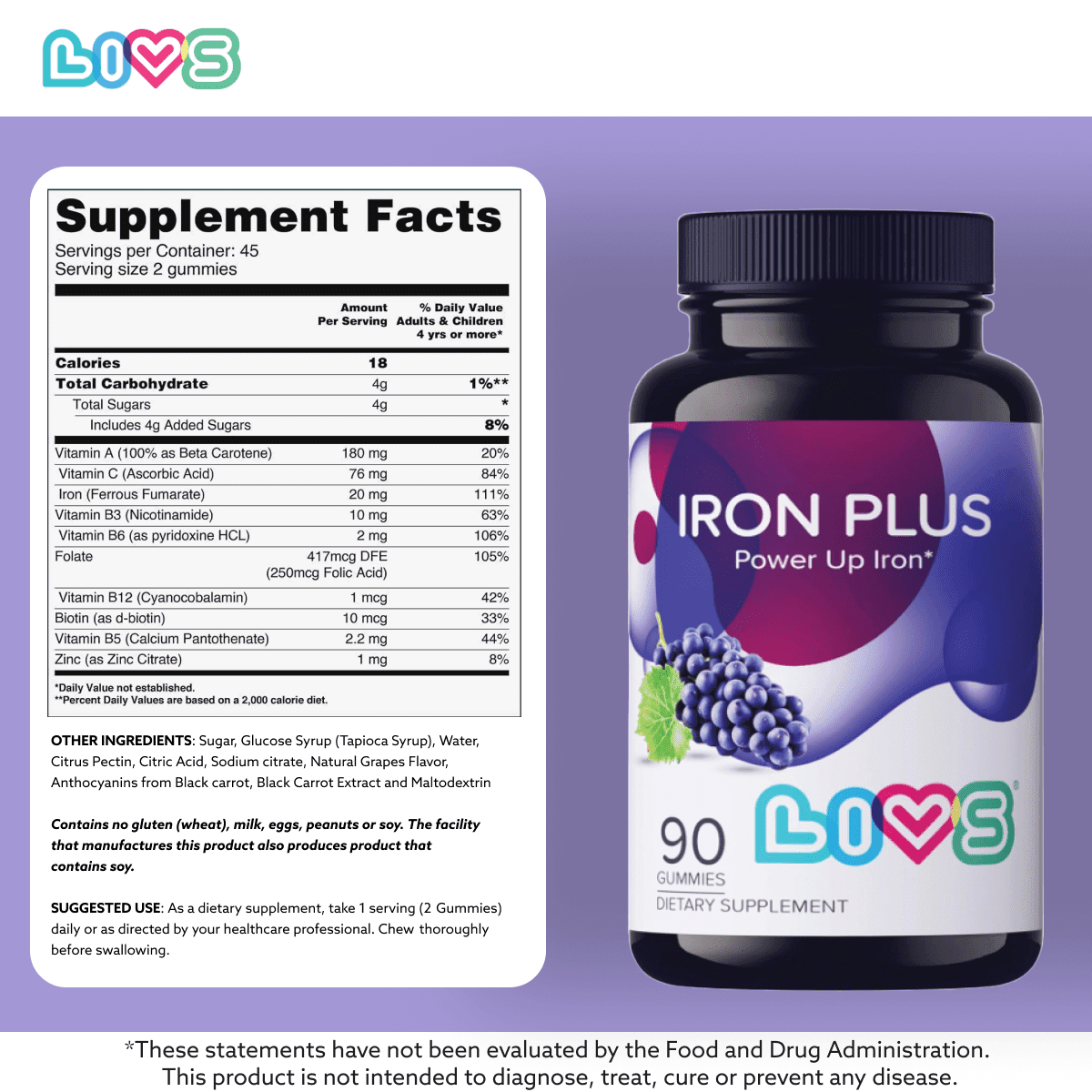 LIVS Iron Plus Gummies for Kids - Iron Gummies with Vitamin C, B12, Folate, Zinc & Biotin - Energy, Immune & Blood Support - Grape Flavor - 120 Count with 60 Servings