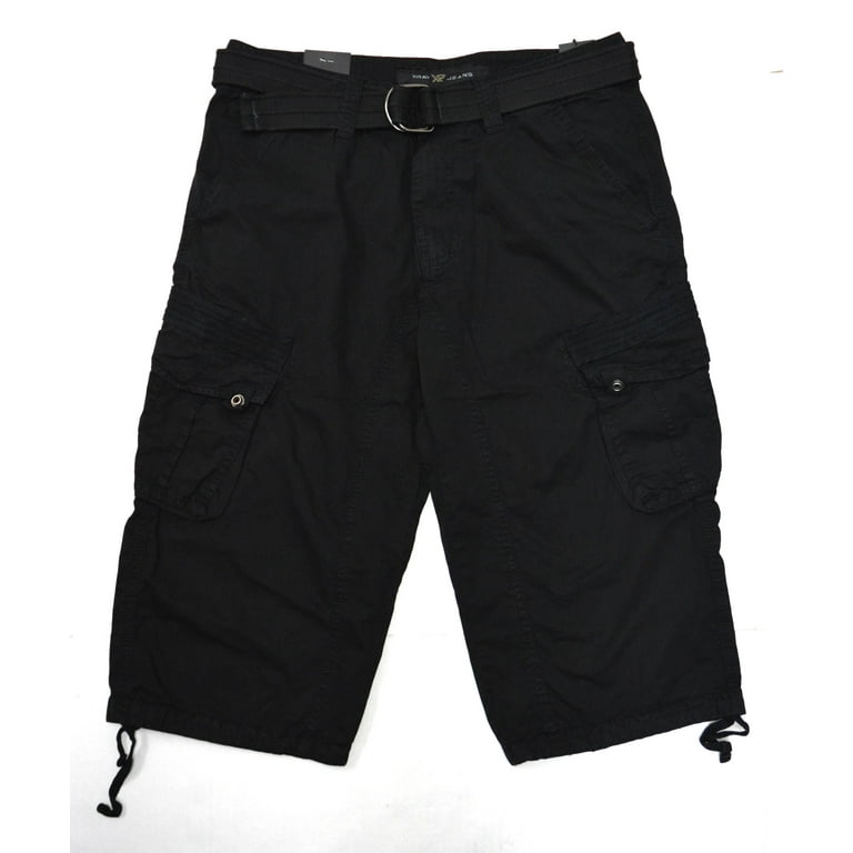 X RAY Men's Belted Cargo Long Shorts 18 Inseam Below Knee Length Multi  Pocket 3/4 Capri Pants Black Size 28