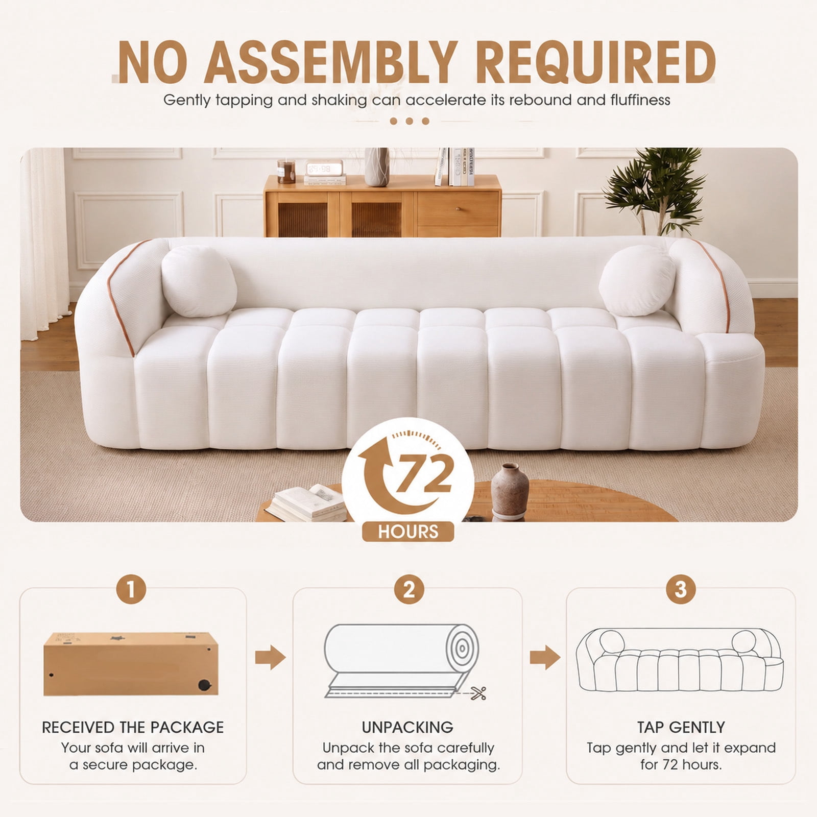 Lunale 98" Curved Bonelessd Sofa, 3-Seater Floor Cloud Couch, No Assembly Required, Modern Corduroy Bubble Sofa for Living Room, Beige