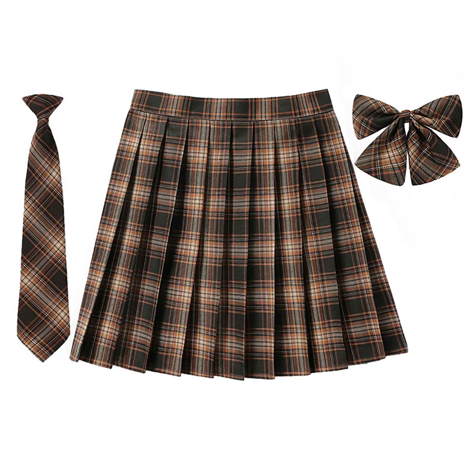 SAWKMW Girls Women's Pleated Plaid Skirt With Necktie Bowtie
