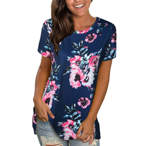 QELUSQELUS Women T-Shirt Short Sleeve Round Neck Loose Floral Daytime Blouse