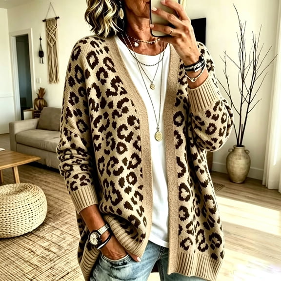 Dweltoz Leopard Print Cardigan Sweaters for Women Open Front V Neck Knitted Cardigan Sweaters Long Sleeve Button Down Sweaters Fuzzy Plus Size Chunky Sweater 2026