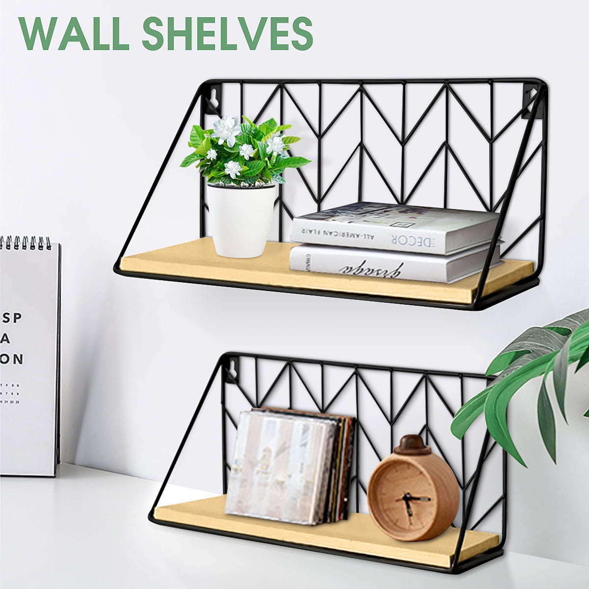 2Pack Wall Wire Shelf Wooden Floating Shelving Home Decorative Storage