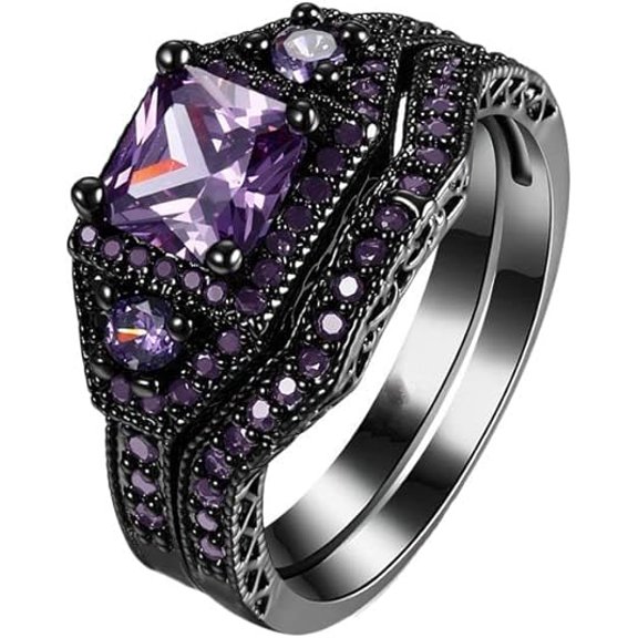 Gems Jewels 2.44 Ct Princess Cut Amethyst Christmas Wedding Engagement Thanksgiving Bridal Ring Set For Women's 925 Sterling Silver 14K Black Gold Plated -4.5