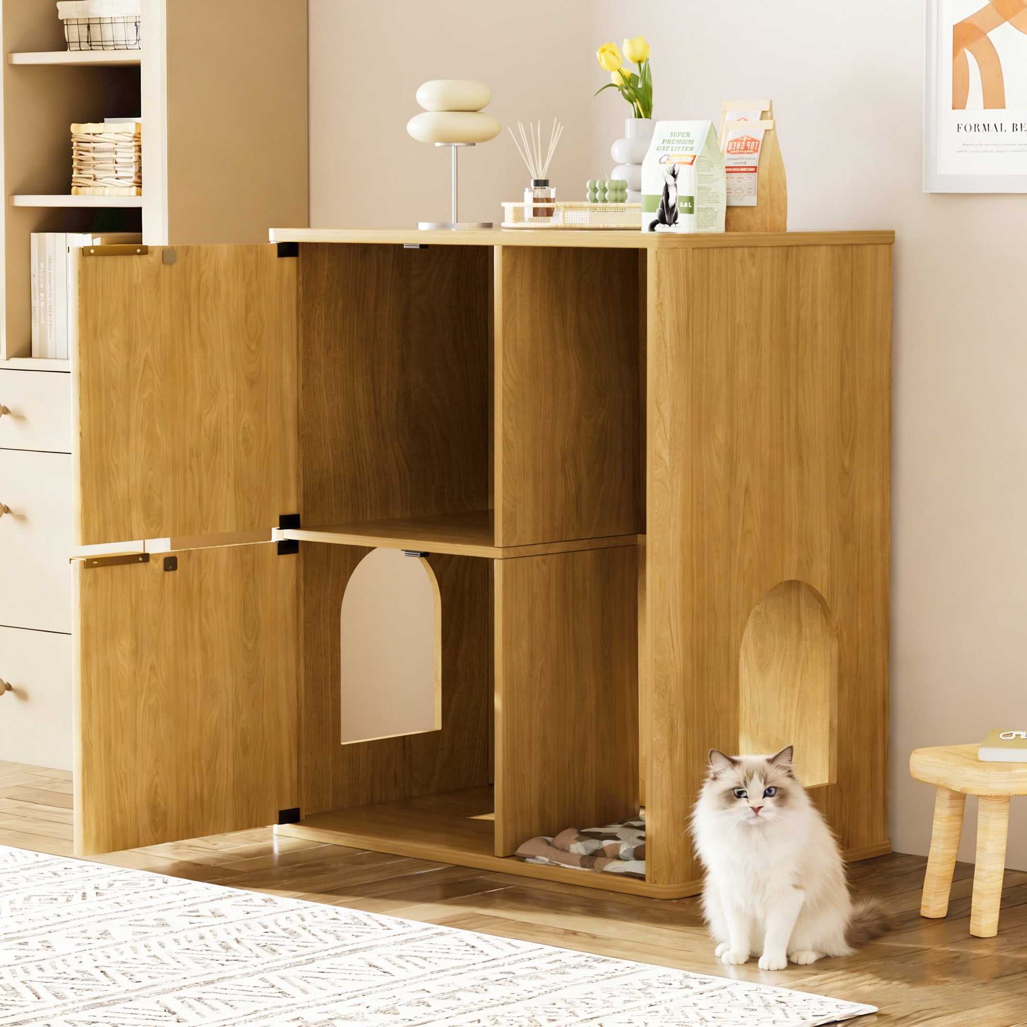 Cat Litter Cabinet with Cat Tree and Dual Cat Doors, Concealed Litter Box Enclosure and Storage Shelf for Living Room Bedroom, Natural