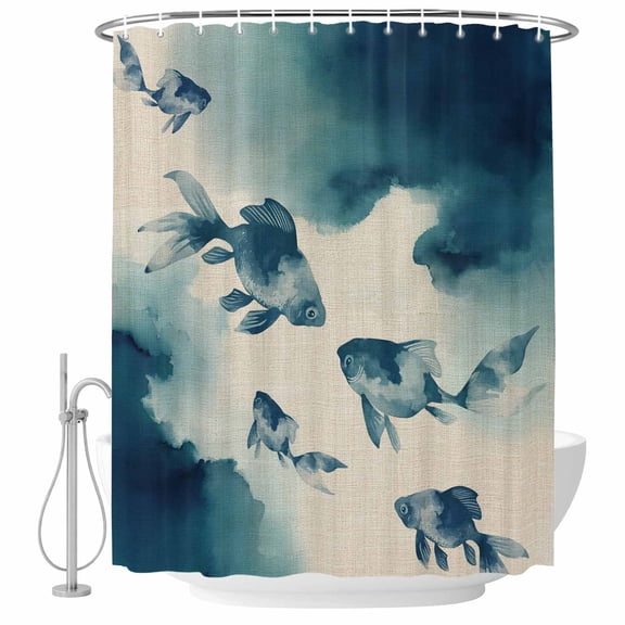 Navy Blue Fish Shower Curtain, Waterproof Shower Curtains for Bathroom, Nautical Coastal Summer Ocean Modern Rustic Washable Fabric Bathtub Curtain Set Bath Decor with 12 Hooks Standard 72"x72"