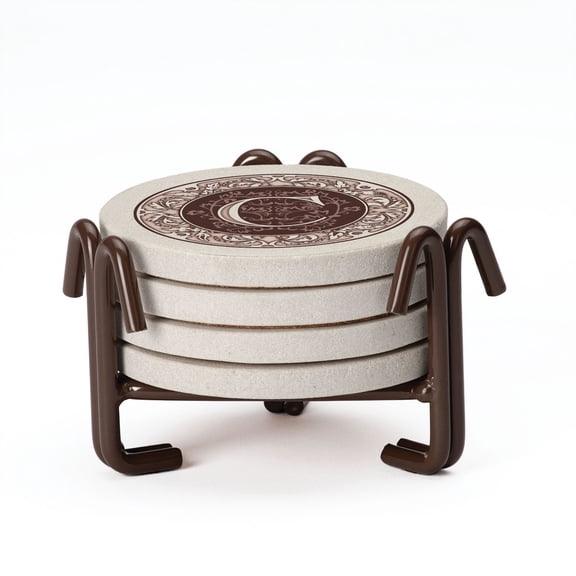 Thirstystone Monogram Letter C Sandstone Coasters in Iron Coaster Holder