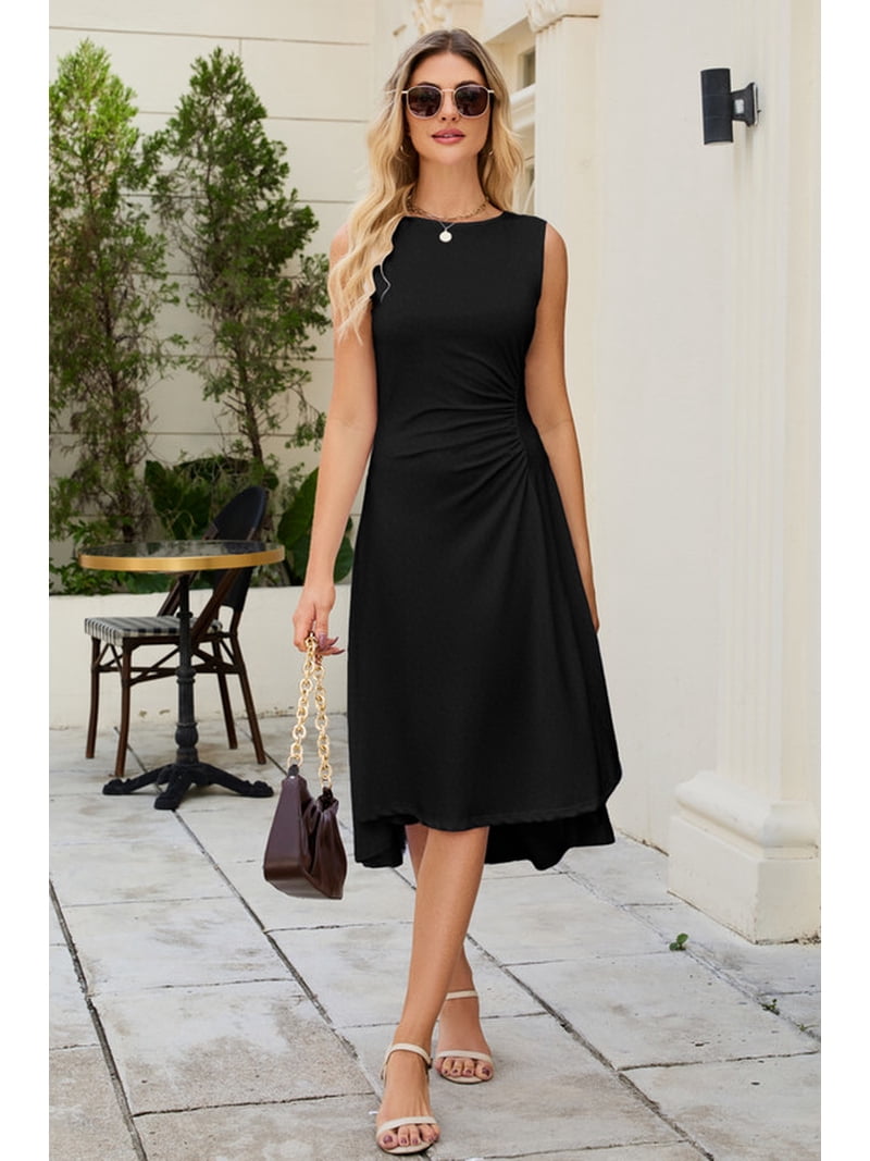 HVEOO Women's Black Sleeveless High Low Cocktail Party Dress, Ruched Waist,  Size - Walmart.com