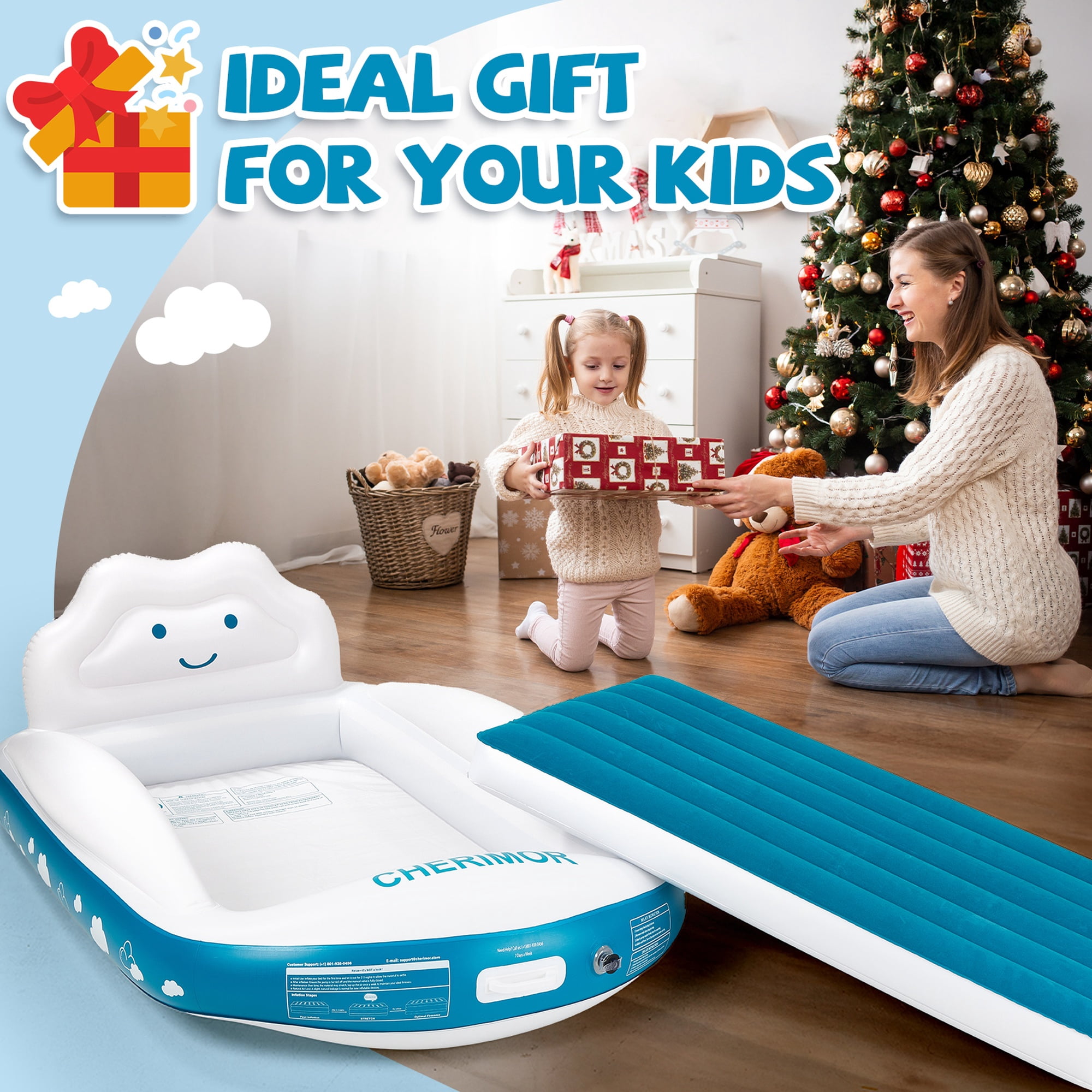 Inflatable Toddler Travel Bed Air Mattress with Safety Bumpers and Electric Pump - 330lb Capacity Portable Kids Bed - 40" x 63" Portable Blow Up Bed for Travel, Camping, Sleepovers