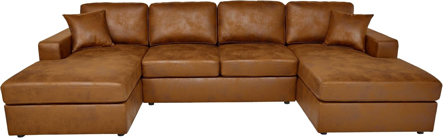 Howcool 120" U‑Shaped Double‑Chaise Modular Sectional Sofa, Cloud Couch 4 Seat Breathable PU Leather & Polyester with Washable Removable Covers for Living Room, Antique Brown