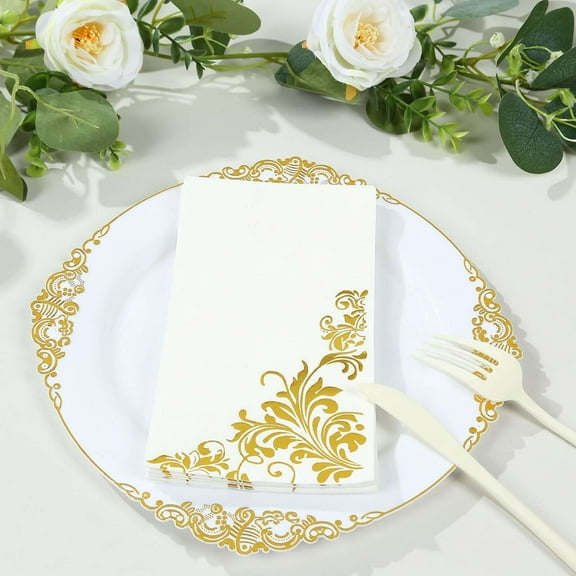 Efavormart 50 Pack White Gold Dinner Paper Napkins with Baroque Floral Print, Soft Disposable Party Napkins - 8"x4"