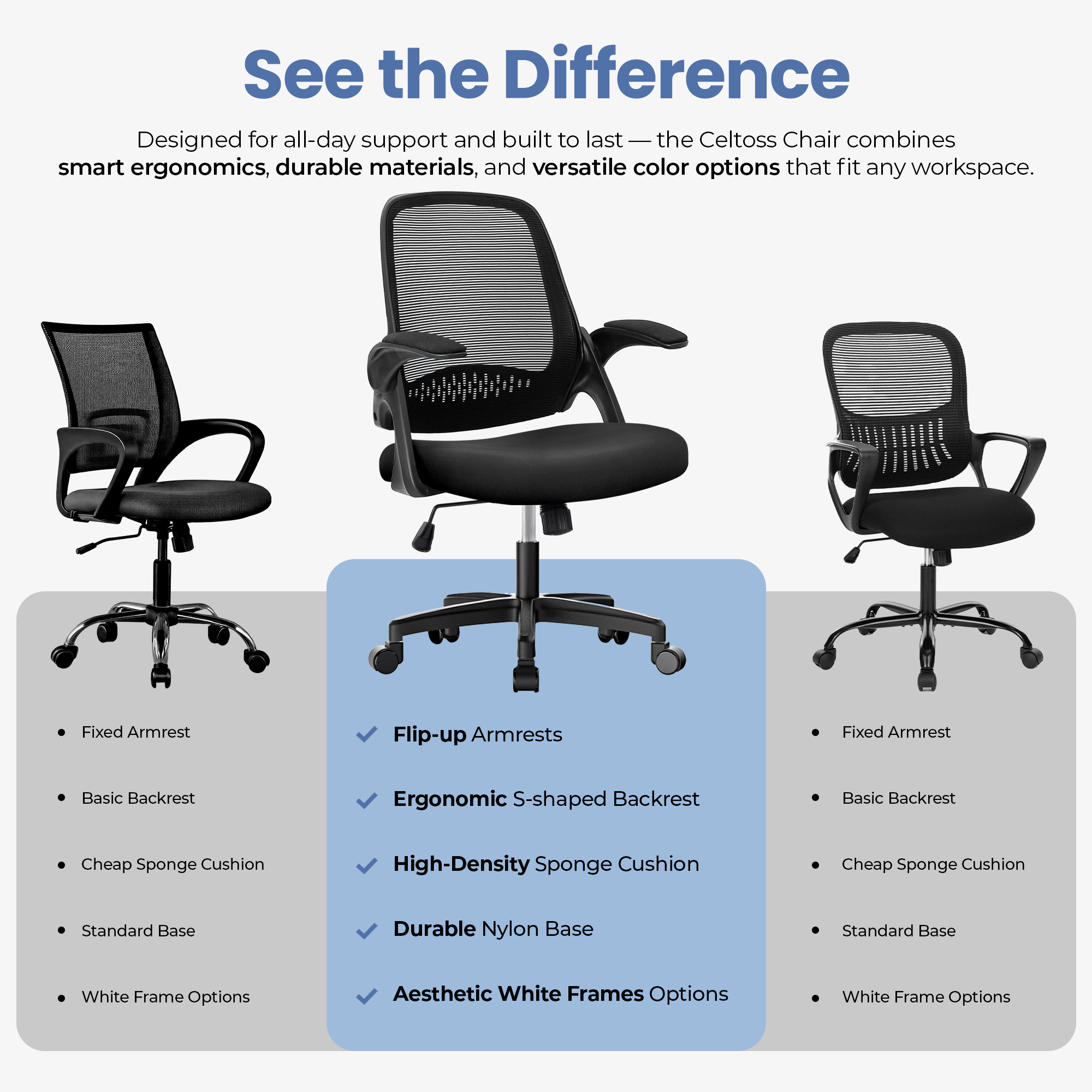 CELTOSS Ergonomic Office Chair, Flip-Up Arms, Adjustable Lumbar Support, Black
