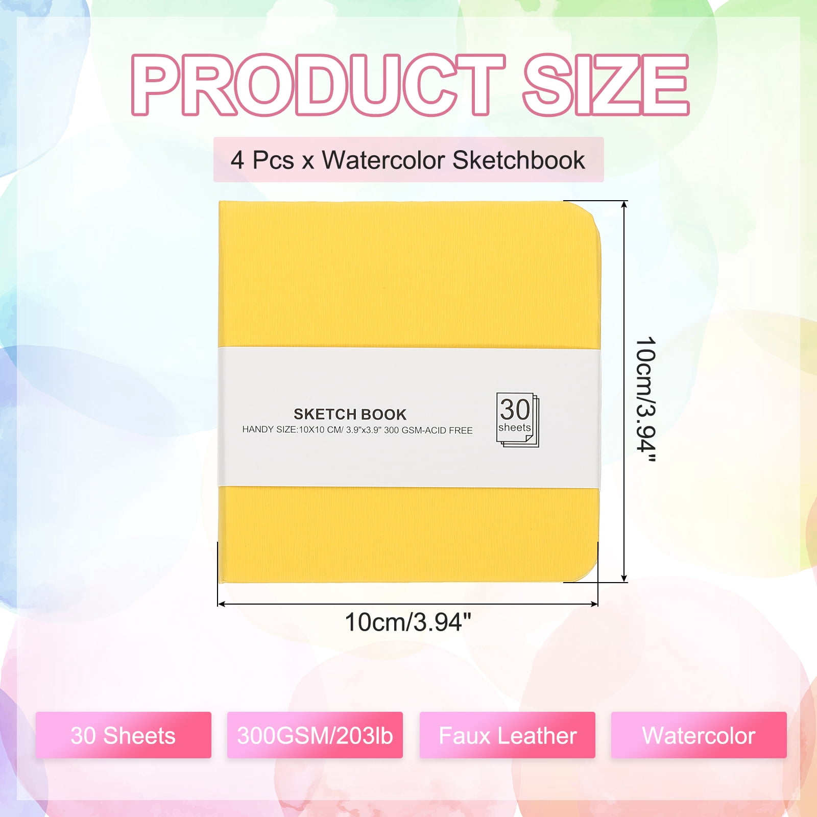 Uxcell 4x4" Watercolor Paper Sketchbook, 4Pcs 30 Sheet 300GSM/203lb Acid Free Watercolor Journal Hardcover Artists Paper Pads for Painting, Yellow