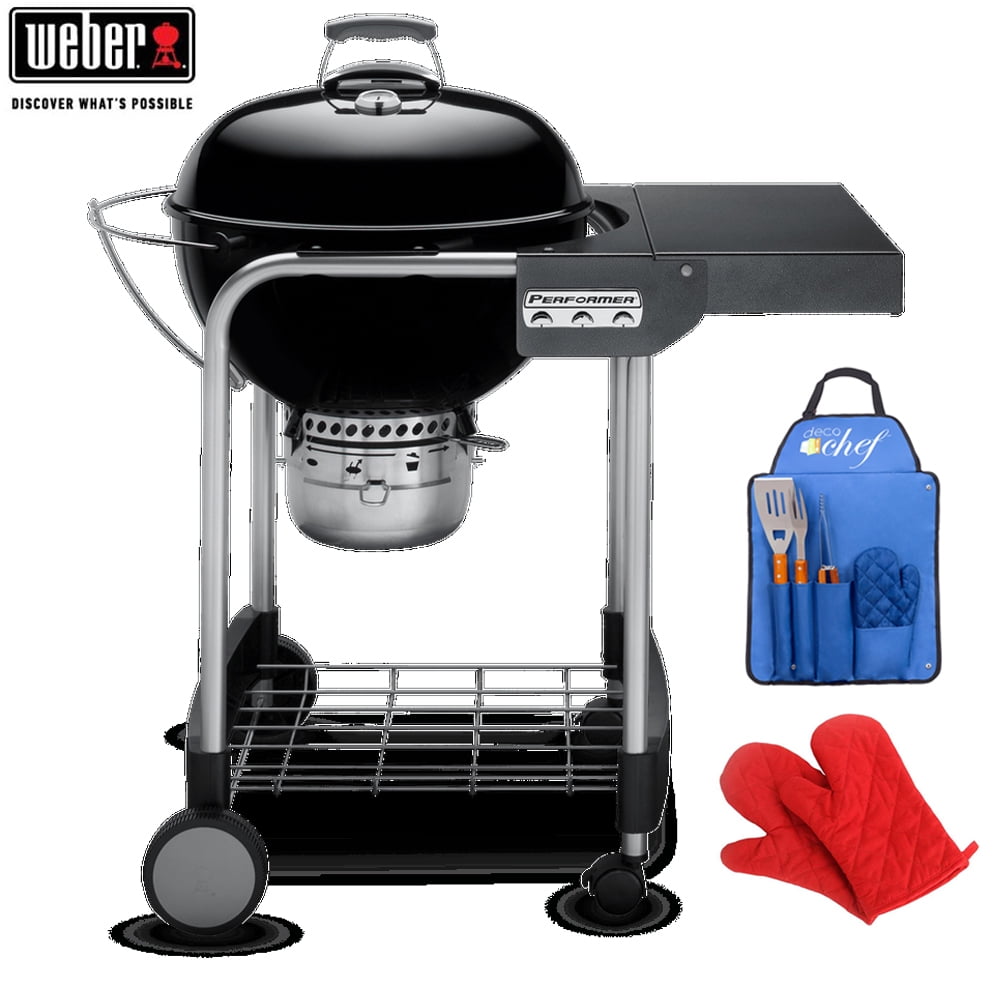 Weber 15301001 Performer Charcoal Grill, 22-Inch, Black Bundle with Deco  Essentials 3pc BBQ Tool Set with Custom Blue Apron, Oven Mitt, Spatula,  Tongs, Fork + Pair of Red Oven Mitts 