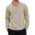 thumbnail image 2 of Hearthz S-4XL Men’s Polo Shirts V-Neck Collared Long Sleeve Shirts for Men Work Big and Tall Mens Solid Color T Shirts Khaki L, 2 of 7