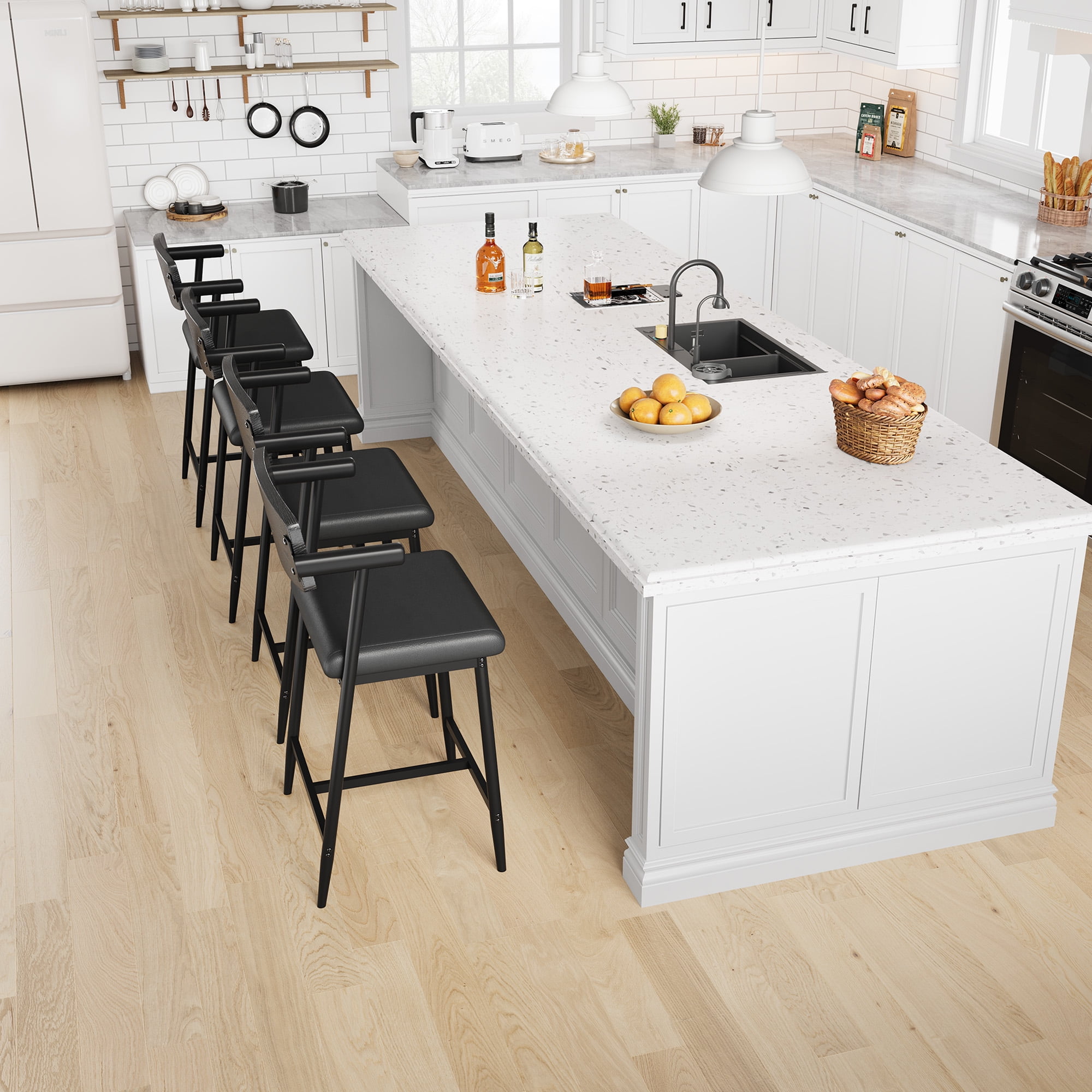 Modern Set of 2 Counter Height Bar Stools with Arms, Wooden Backrest, Wide Upholstered Seat, Metal Footrest – Easy Assembly, Perfect for Kitchen Island, Home Bar, Classic Black, Wooden Backrest