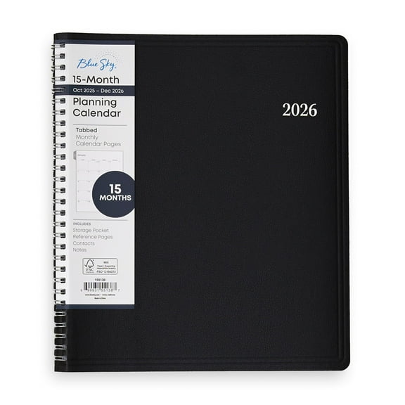 Blue Sky 2026 15-Month Monthly Planner Calendar, October 2025 - December 2026, 8” x 10”, Durable Faux Leather Cover, Laminated Tabs, Concealed Wirebound, Storage Pocket, Enterprise