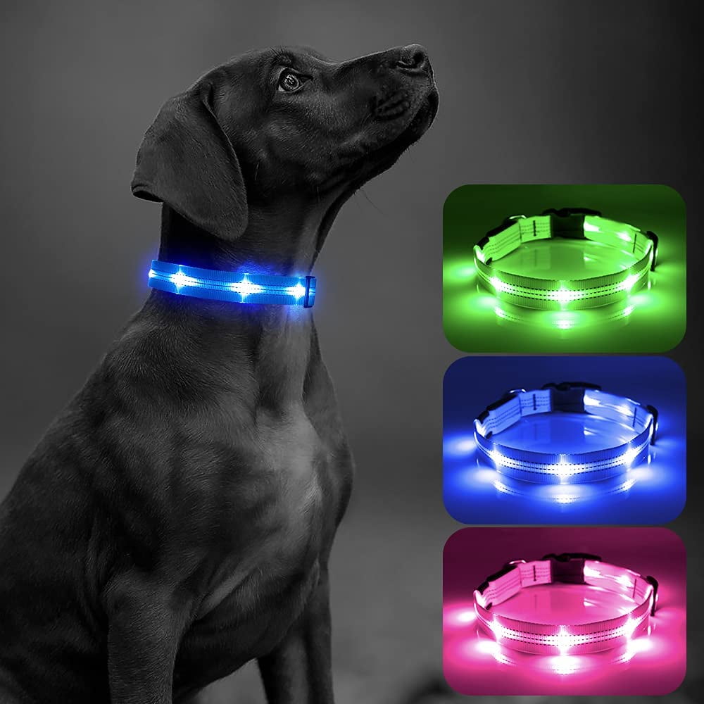 BSEEN Nylon LED Dog Collar USB Rechargeable Adjustable Glowing Pet Collar Light Up Puppy Collars for Nighttime Dog Walking