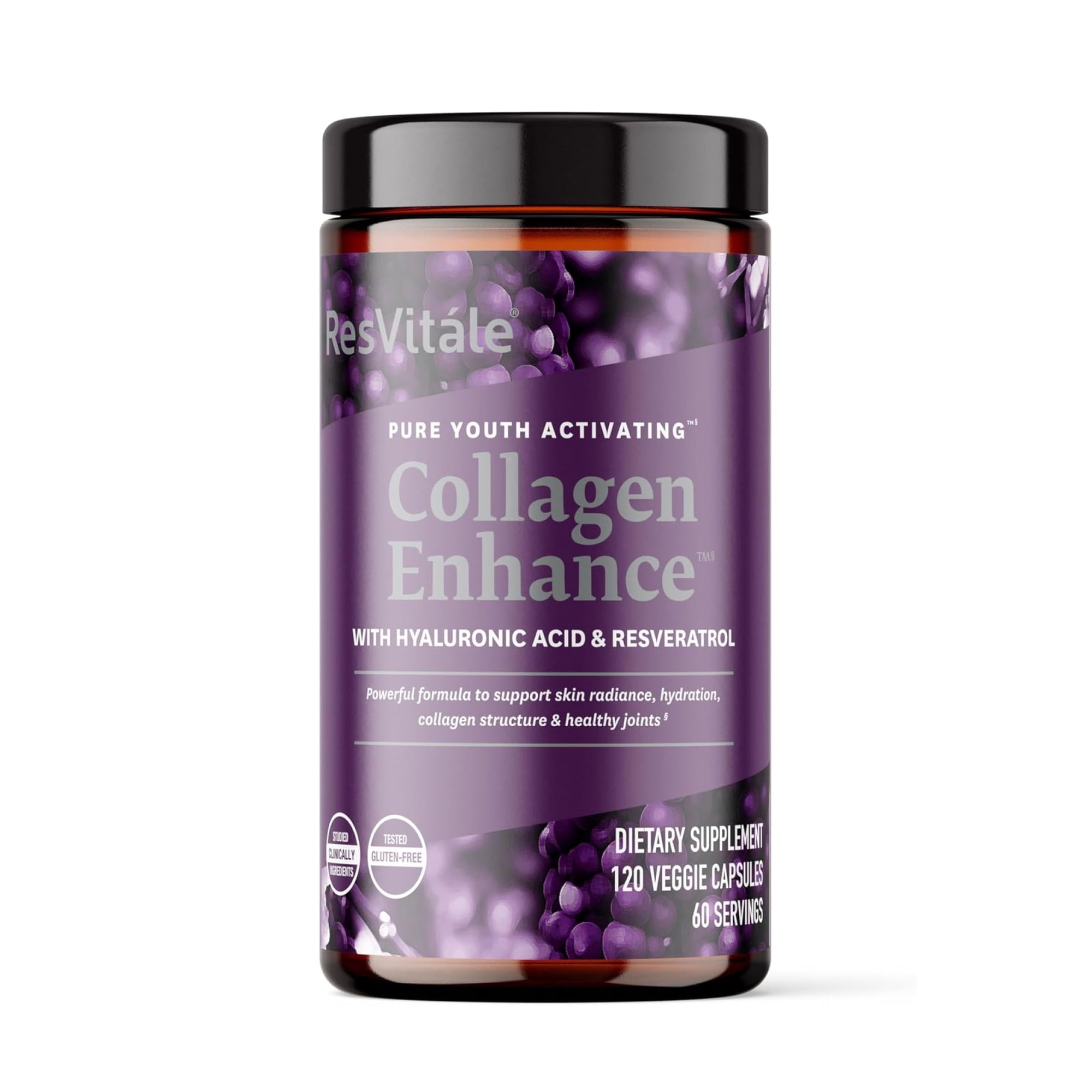 ResVitale Collagen Enhance Anti Aging Skin Care Collagen Supplement - Hydrolyzed Collagen Peptides with Hyaluronic Acid and Resveratrol - Skin Food & Joint Support Collagen Capsules, 1000mg, 120 Caps