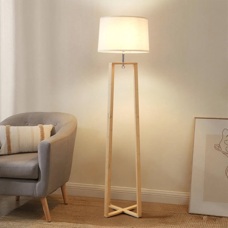Booniture Bamboo Corner Floor Lamp for Living Room,Linen Shade Floor Lamps for Bedroom,Rustic Standing Lamp for Dining Room and House Décor with E26 Base Nature
