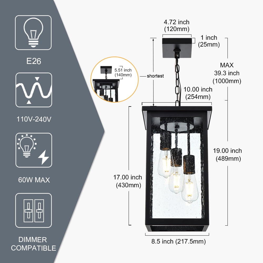 Melucee Outdoor Pendant Light Fixtures, 3-Lights Exterior Hanging Lantern, Black Large Outdoor Hanging Porch Light with Seeded Glass Shade