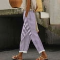 thumbnail image 2 of Sexlip Stripe Color Block Crop Pants for Women Casual Straight Leg Pants Elastic Waist Cropped Trousers with Pockets Purple M, 2 of 5