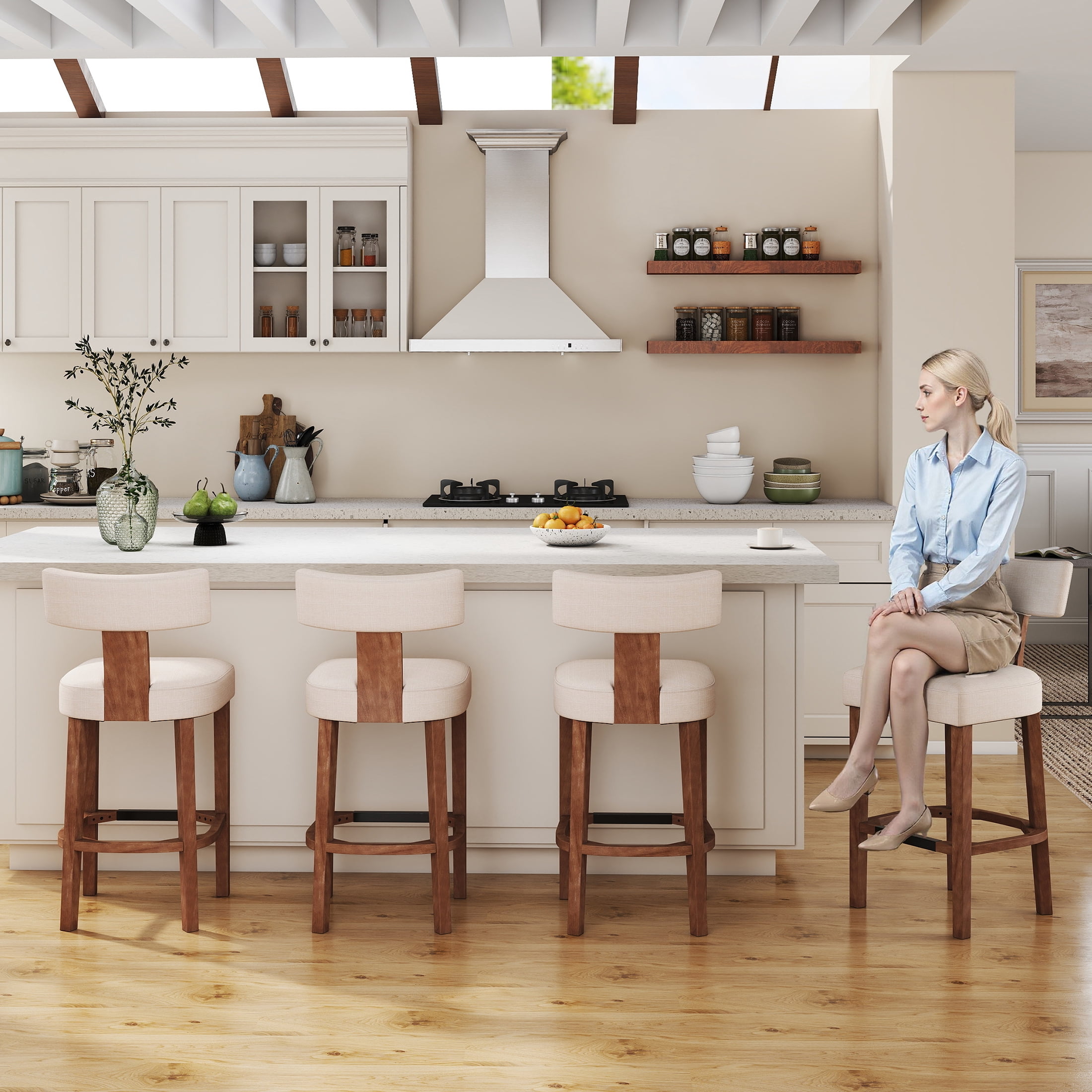 Guyou 26" Bar Stool Set of 2, Modern Linen Upholstered Counter Height Barstools with Hardwood Frame, Wooden Farmhouse Kitchen Island Chairs for Bar Restaurant, Beige