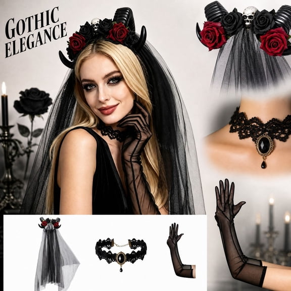 Halloween Decorations Gothic Dark Witch Cosplay Set, Rose Horn Headband with Veil Gloves and Necklace, Halloween Party Outfit Accessories _##A