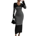 thumbnail image 2 of Women'S Striped V Neck Sweater Dress Long Sleeve Bodycon Midi Dresses Black S, 2 of 7