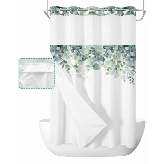 No Hook Shower Curtain with Snap in Liner, Spring Watercolor Ombre Green Eucalyptus Leaves Hotel Shower Curtains for Bathroom, Washable Shower Curtain Liner Set with Mesh Top Window, 36"x72"