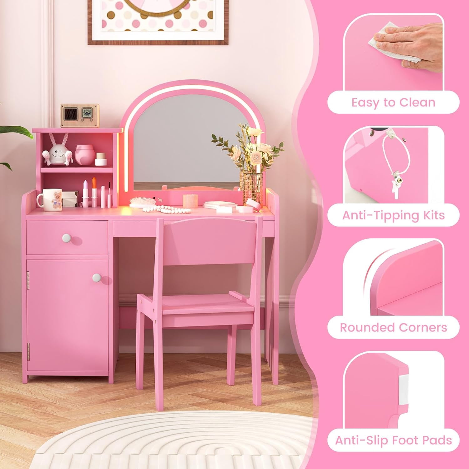 INFANS Kids Vanity, Princess Makeup Desk and Chair Set with Lights Mirror Drawer Storage Shelves, Wooden Dressing Table, Pretend Play Vanity Set for Toddler Girls