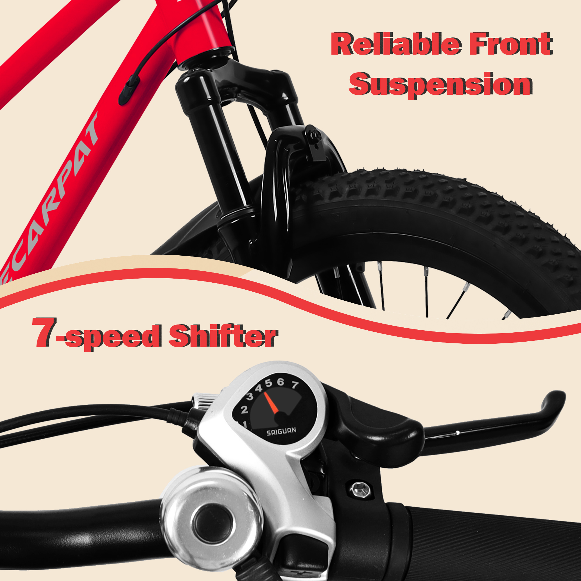 Aukfa 20" Mountain Bike for Boys Girls, 7-Speed Kids Bike with Front Disc Brake,Red