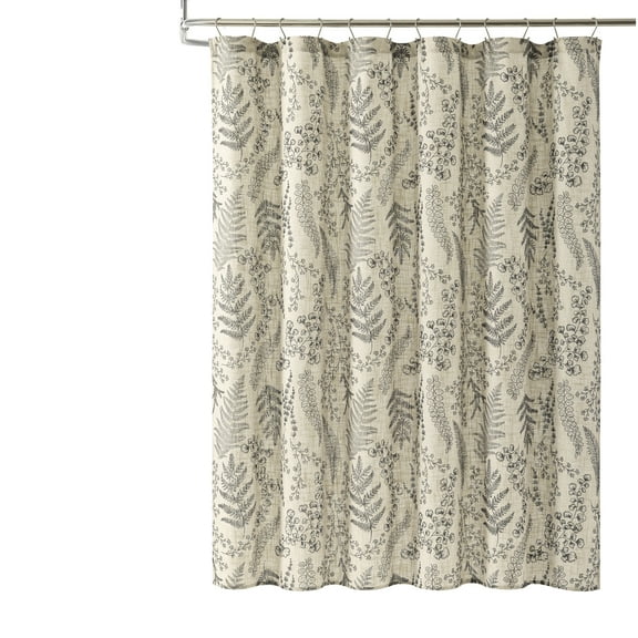 Lush Decor Botanical Dreams Linen Textured Shower Curtain Single 72" W x 72" L Light Linen & Black - Leaf Floral Shower Curtain - Farmhouse Bathroom Decor