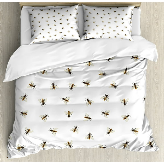 Queen Bee Duvet Cover Set, Hand Drawn Flying Insects on a Plain Background, Decorative 3 Piece Bedding Set with 2 Pillow Shams, Calking Size, Earth Yellow Grey, by Ambesonne