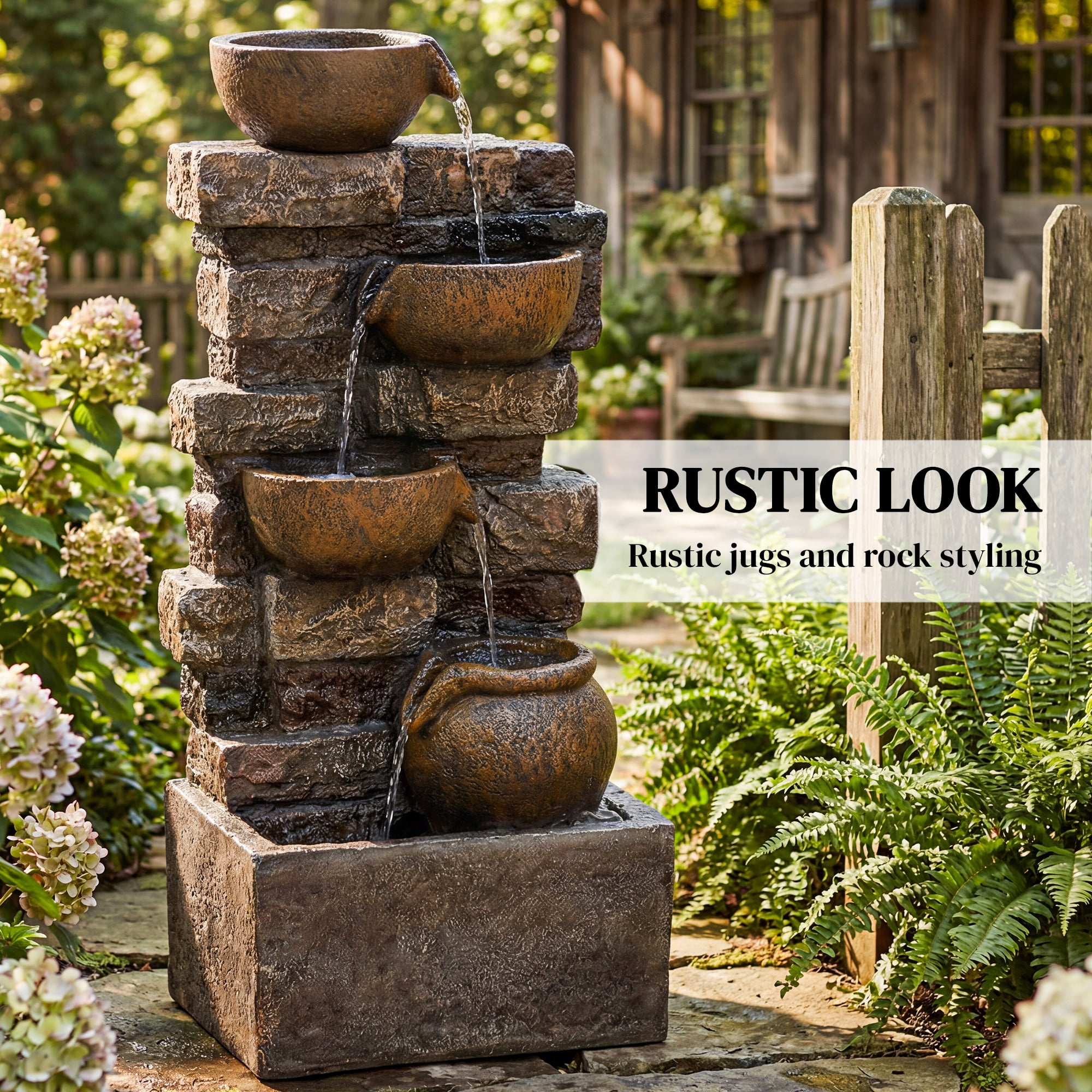 Outsunny Outdoor Fountain with 5-Tier Rustic Jugs and Rock, Resin Freestanding Garden Fountain with LED Lights, Adjustable Flow, Rustic Brown