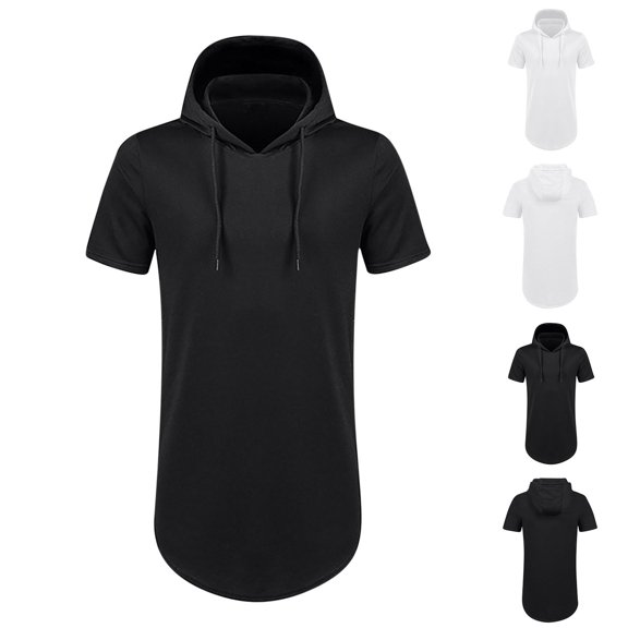 UVEASISHA Short Sleeve Hoodie for Men Hipster Hip Hop Hooded Tshirt Longline Drawstring Pullover Hoodies Black XXL