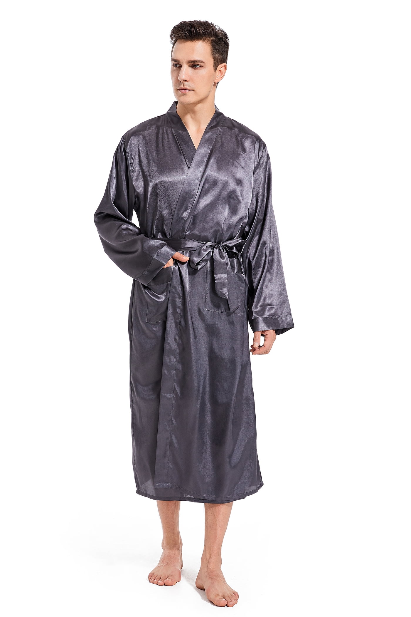 Men Silk Kimono Robe with Pocket Bathrobes for Men Summer Sleepwear