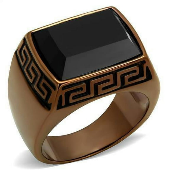 Mens Coffee Brown Ring Anillo Cafe Para Hombres Stainless Steel with Synthetic Onyx in Jet