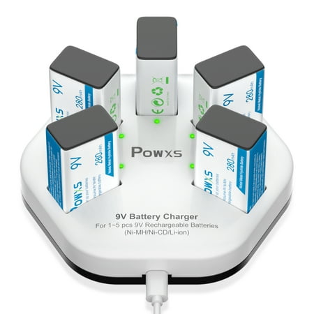 Image of POWXS 5-Pack 280mAh 9 Volt Rechargeable Batteries + 9V Ni-MH Battery Charger and for Guitar Cameras Toys