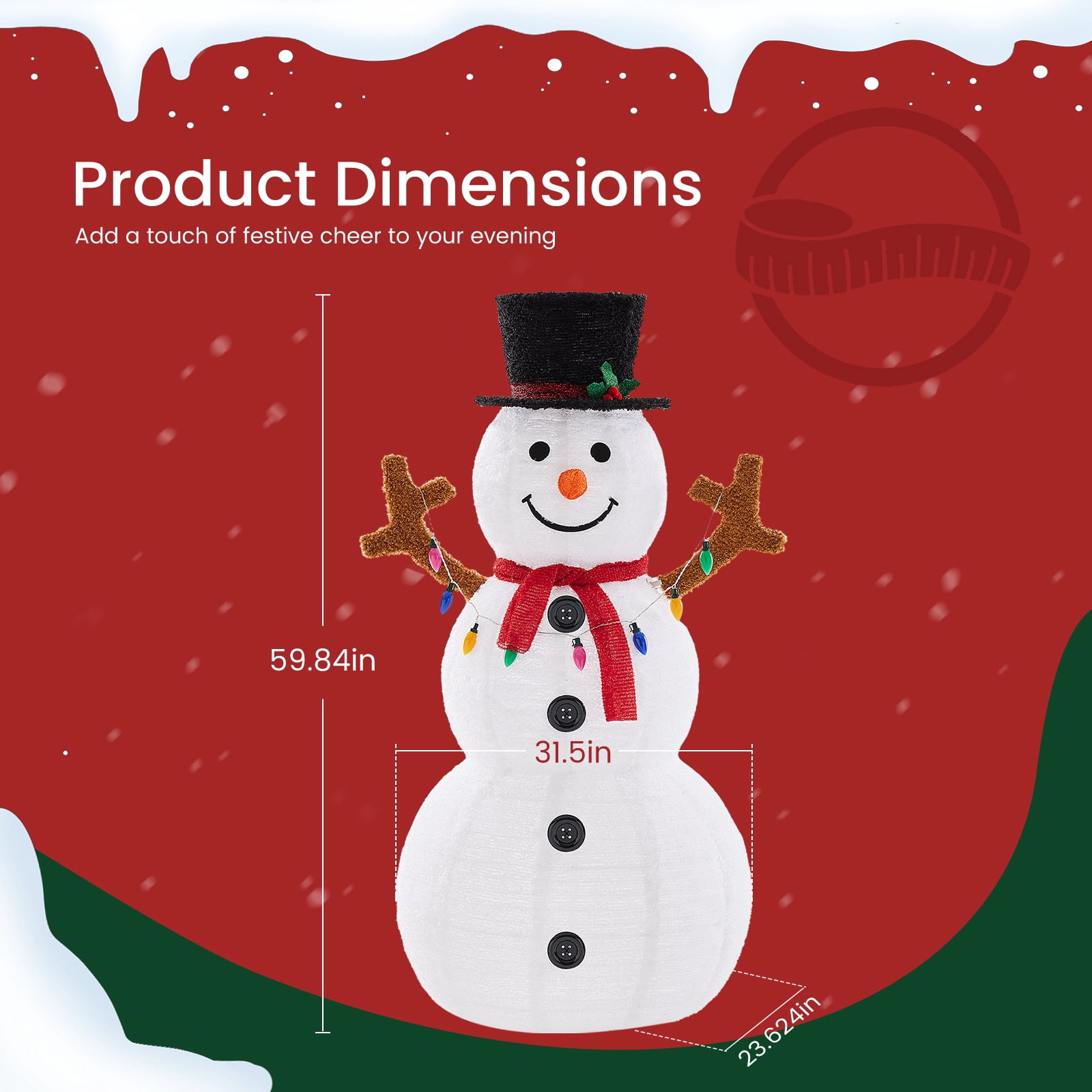 Gianna 5FT Lighted Pop-Up Snowman with 200 LED Lights, Hat and Scarf, Large Outdoor Christmas Holiday Decoration, Multicolored