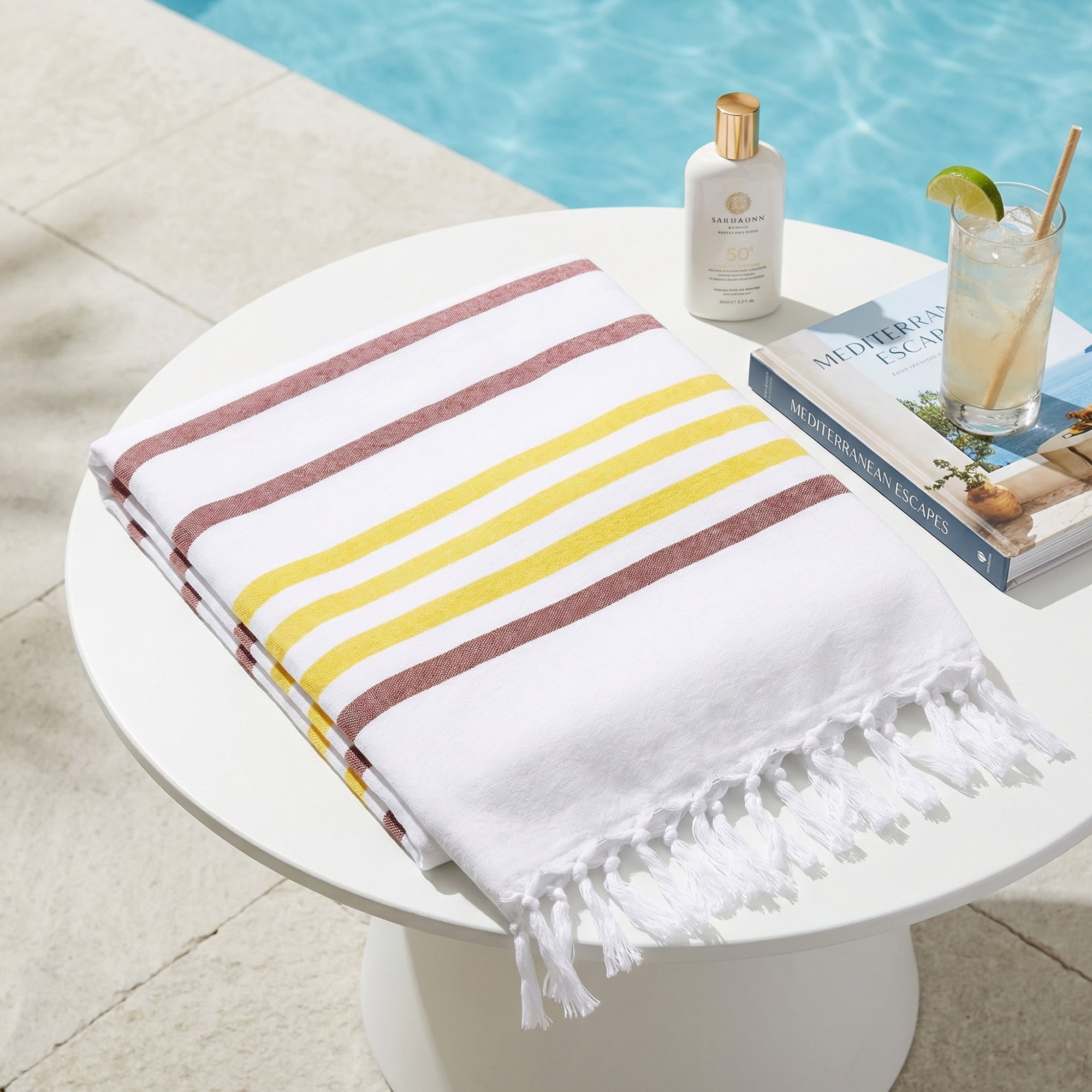 Unique Bargains Turkish Striped Cotton Beach Towel with Tassel Trim Brown 71" x 40"
