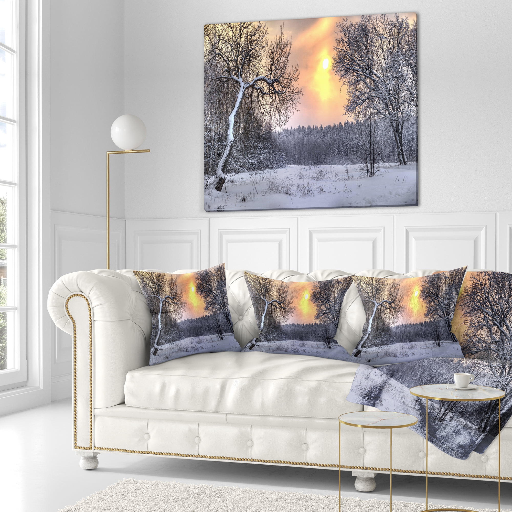 Designart Winter Landscape with Yellow Sun - Landscape Printed Throw Pillow - 16x16