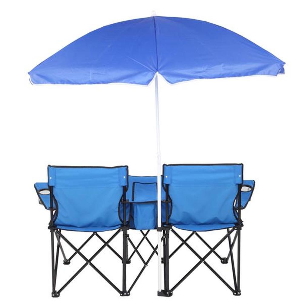Portable Folding Picnic Double Chair With Removable Umbrella Table Cooler Beach Camping Chair Blue - image 5 of 12