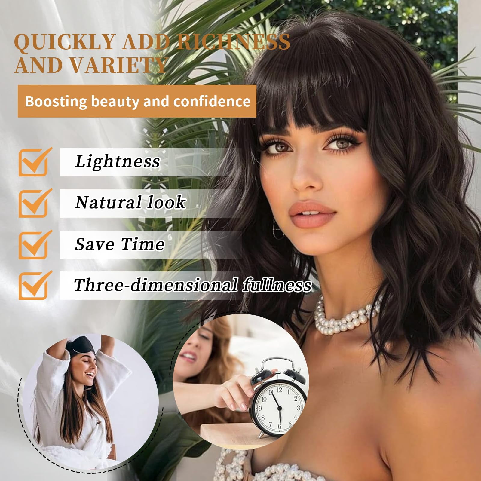 Wig with Bangs Short Bob Wigs for Women Shoulder Length Wavy Curly Wigs Synthetic Fiber Wigs 14 Inches for Daily Party Use