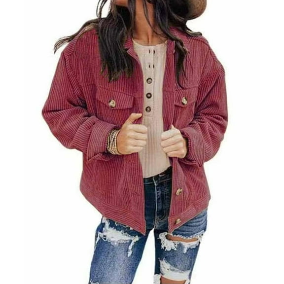 Women's Casual Lapel Loose Button Down Long Sleeve Corduroy Jacket with Pockets